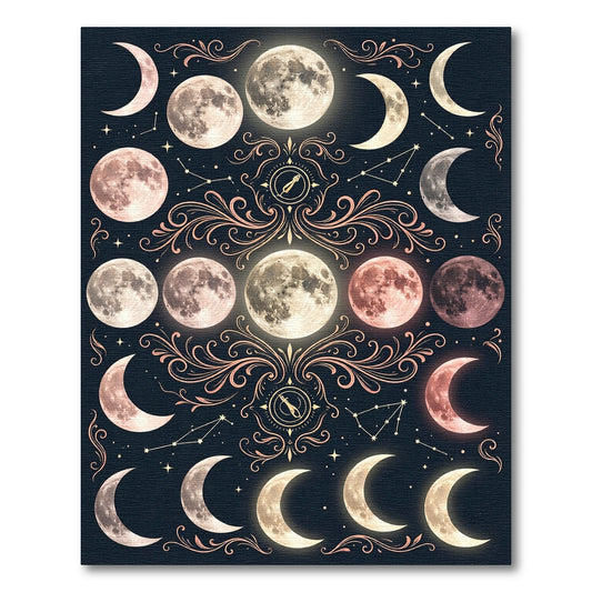 Celestial Lunar Phases with Golden Scrolls Rug