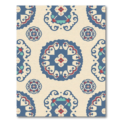 Cream Navy Red Floral Medallion Rug