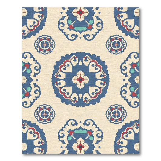 Cream Navy Red Floral Medallion Rug