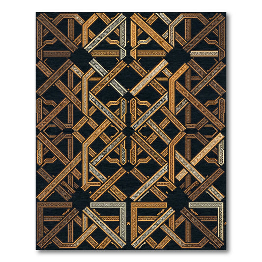 Ornate Golden Geometric Interlocking Lattice Rug