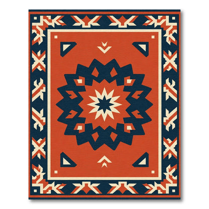 Red Navy Starburst Geometric Borders Rug
