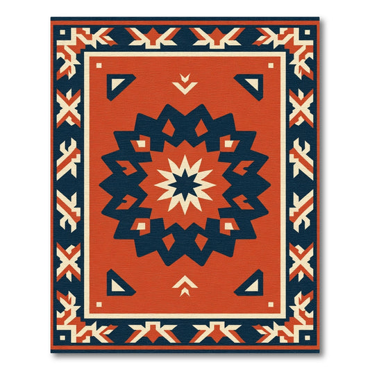 Red Navy Starburst Geometric Borders Rug