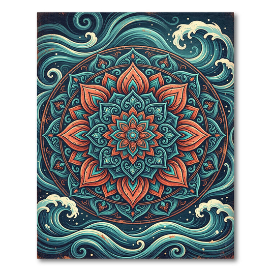 Teal and Coral Oceanic Lotus Mandala Rug