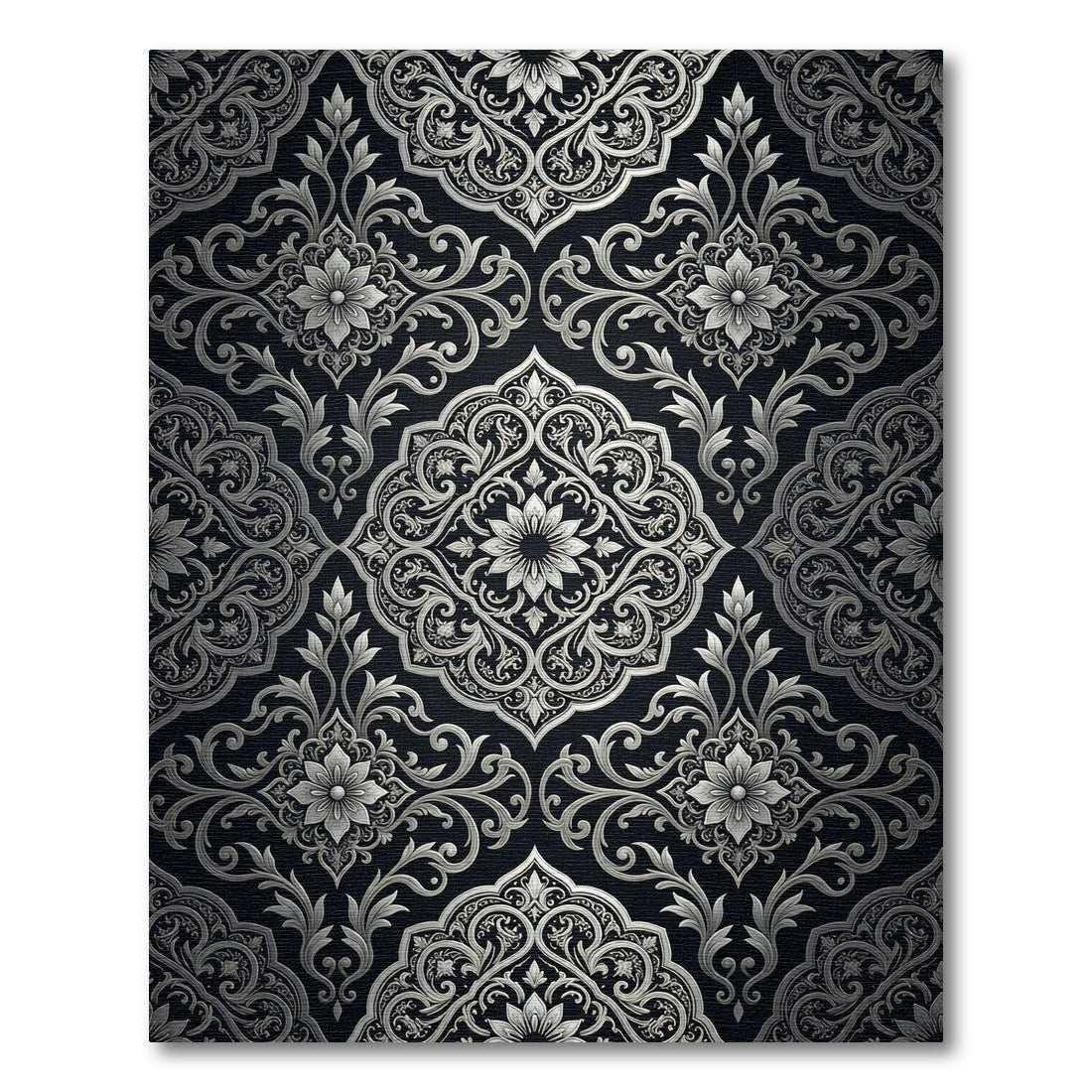Silver Black Damask Floral Medallion Rug