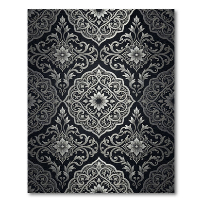 Silver Black Damask Floral Medallion Rug