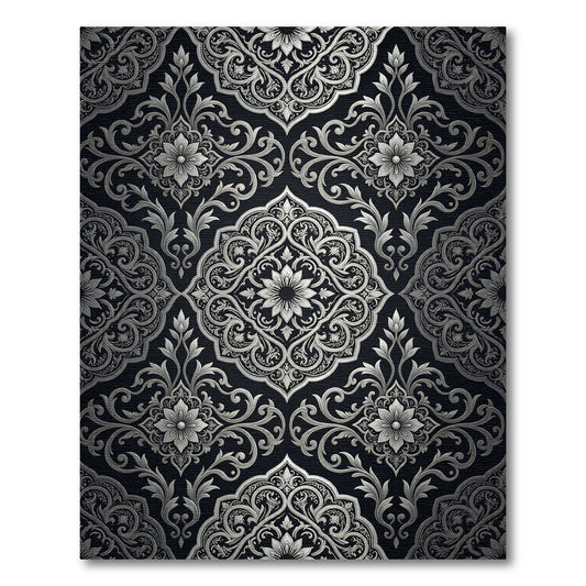 Silver Black Damask Floral Medallion Rug