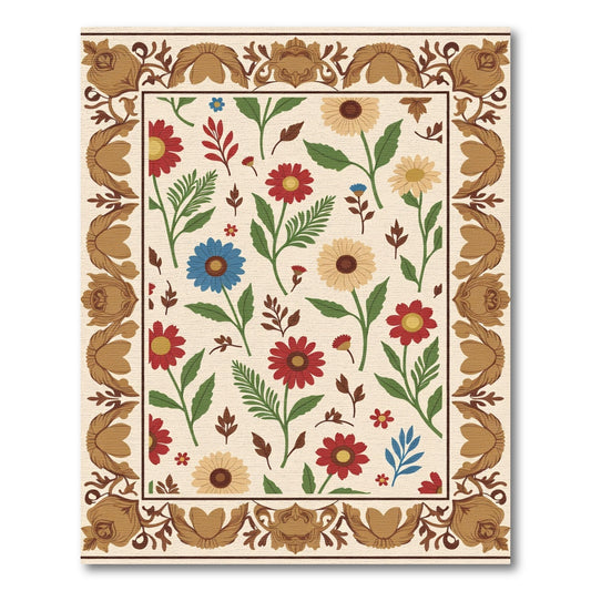 Ecru Floral Border Red Blue Accents Rug