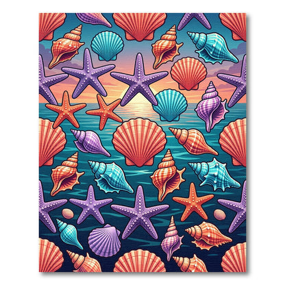 Vibrant Tropical Seashell and Starfish Illustration Rug