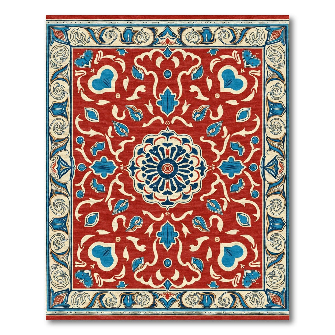 Crimson Blue Floral Medallion Border Rug