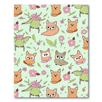 Whimsical Forest Creatures Pink Flowers Jade Background Rug
