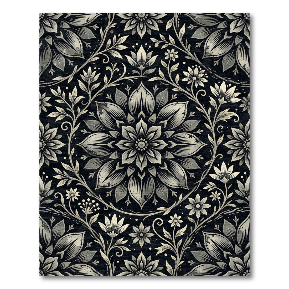 Antique Black Floral Scroll Rug