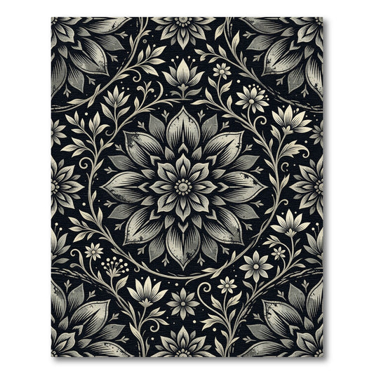 Antique Black Floral Scroll Rug