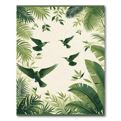 Green Tropical Birds Palm Leaves Rug