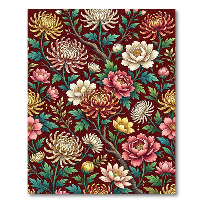 Dark Crimson Botanical Chrysanthemum Floral Rug
