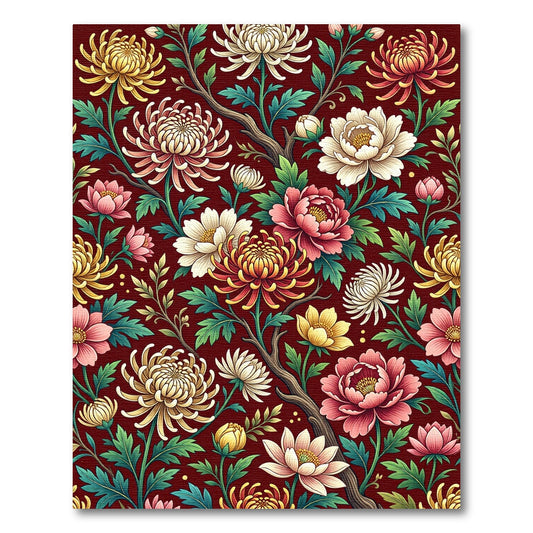 Dark Crimson Botanical Chrysanthemum Floral Rug