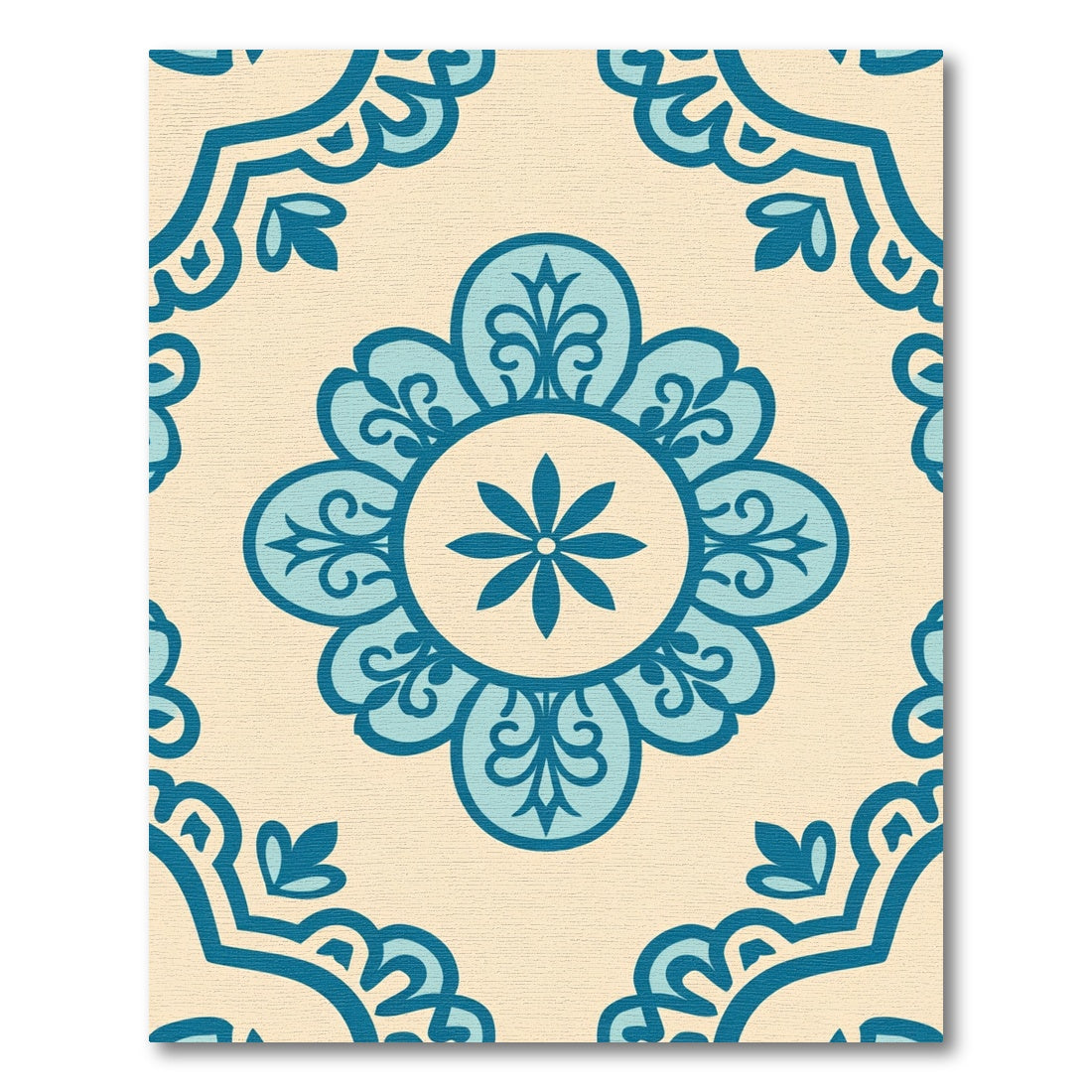 Teal Floral Medallion Cream Background Rug