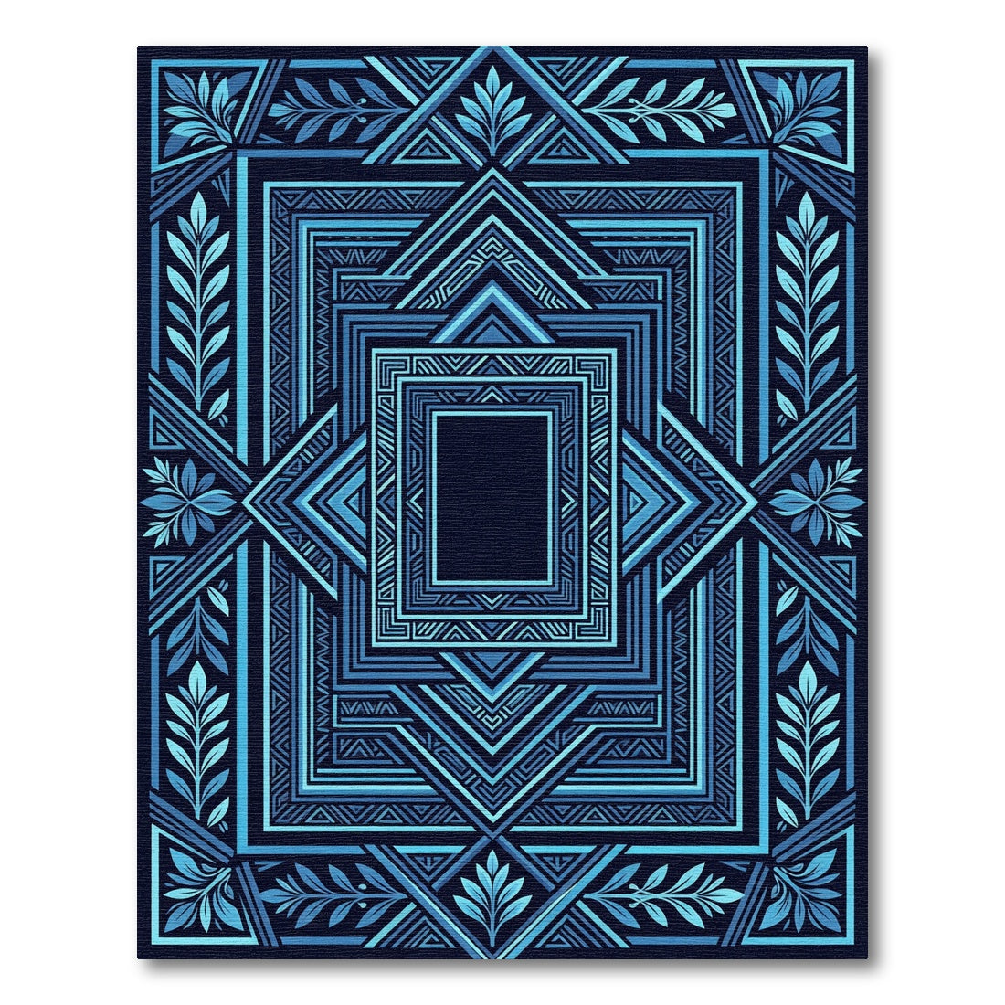 Deep Aqua Geometric Medallion Foliage Rug