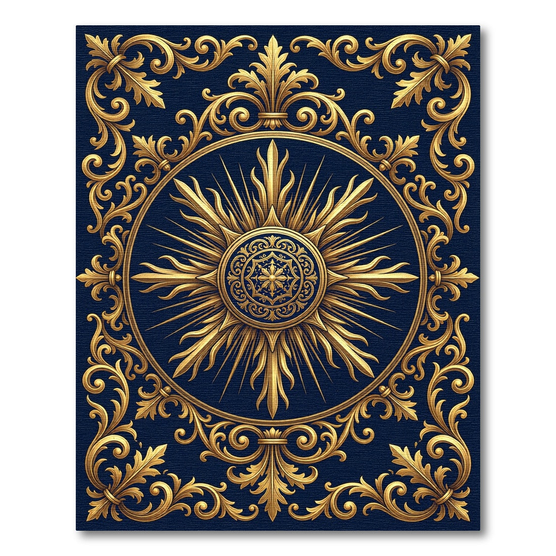 Ornate Golden Sunburst Navy Medallion Rug