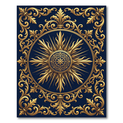 Ornate Golden Sunburst Navy Medallion Rug