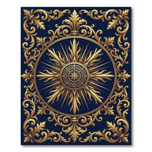 Ornate Golden Sunburst Navy Medallion Rug