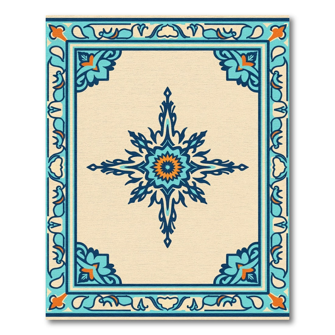 Teal Orange Starburst Medallion Border Rug
