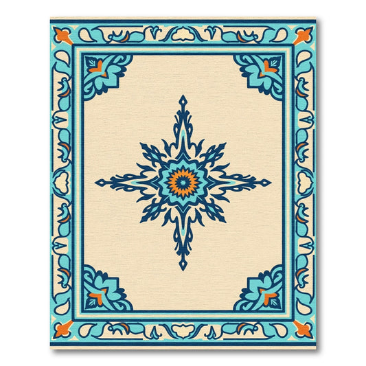 Teal Orange Starburst Medallion Border Rug