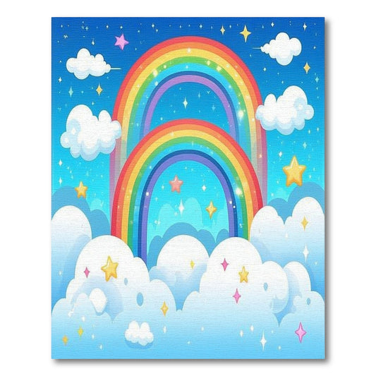 Whimsical Double Rainbow Stars Clouds Rug