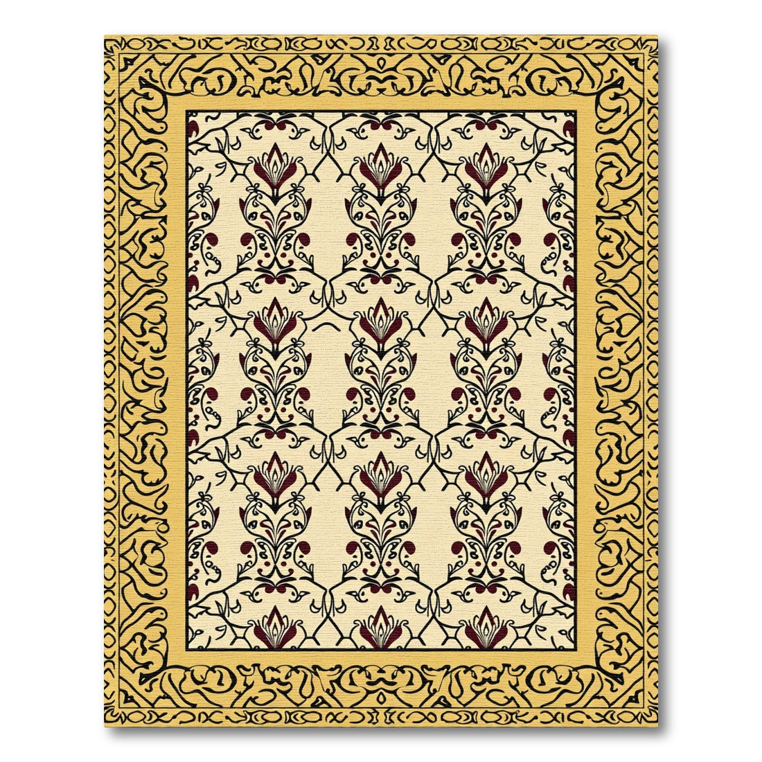 Rich Burgundy Floral Filigree Border Rug