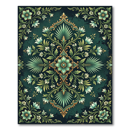 Emerald Green Floral Scrollwork Medallion Rug