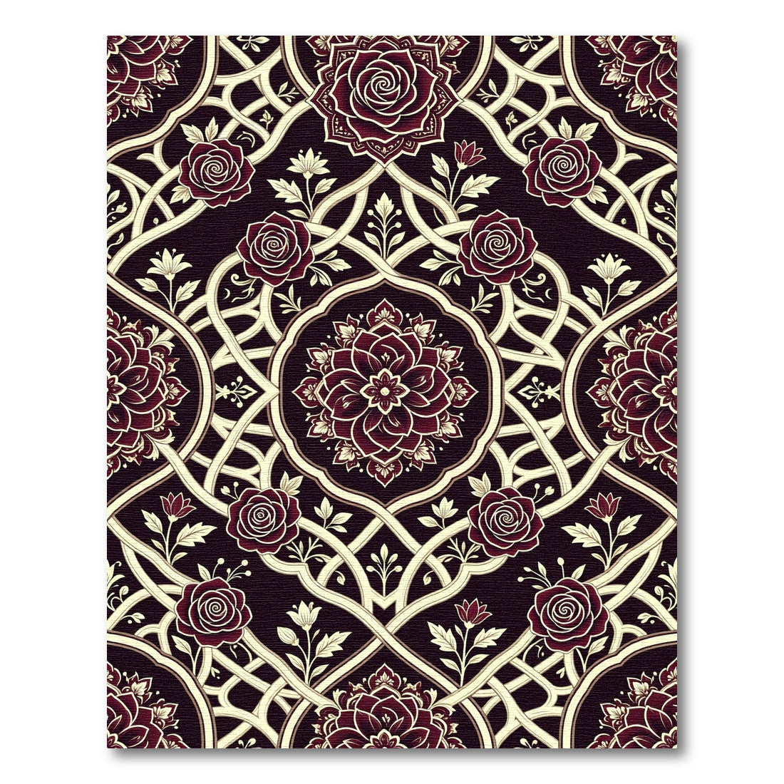 Deep Crimson Rose Intricate Lattice Oval Rug