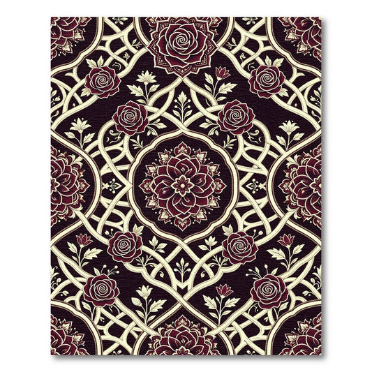 Deep Crimson Rose Intricate Lattice Oval Rug