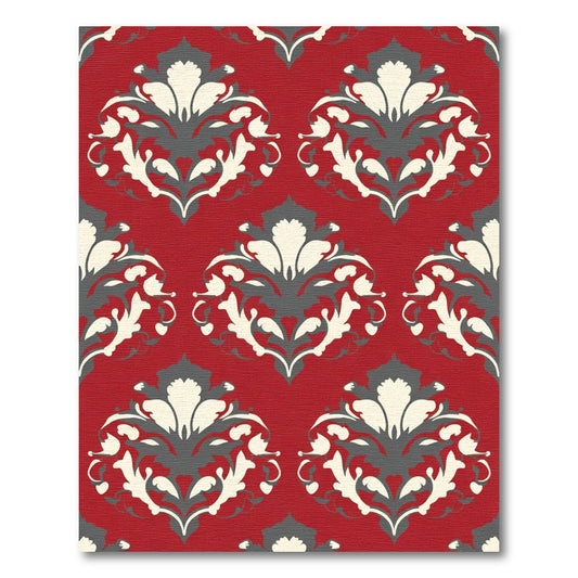 Red Cream Gray Damask Ornament Rug