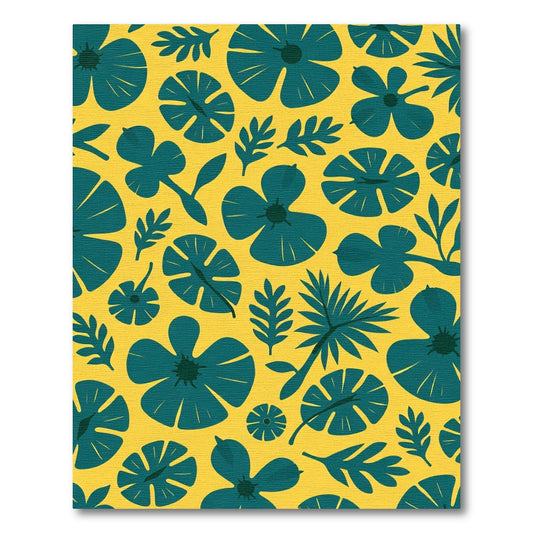 Teal Floral Botanical Yellow Background Rug