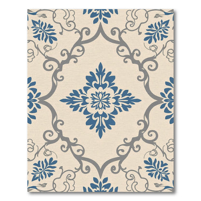 Cream Blue Gray Floral Damask Rug