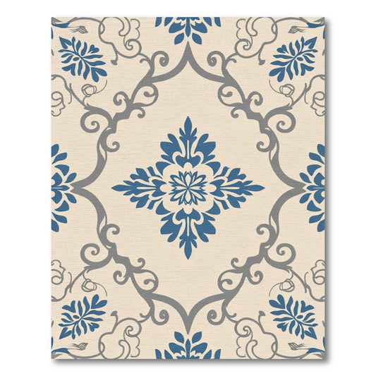 Cream Blue Gray Floral Damask Rug