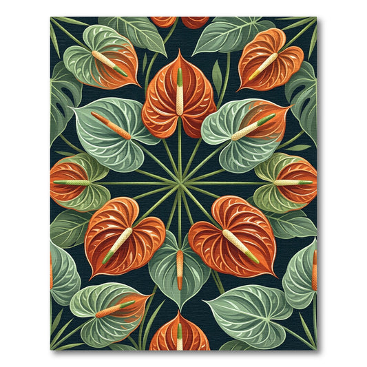 Symmetrical Orange Anthurium Tropical Botanical Round Rug