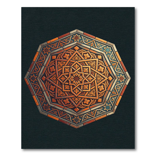 Carved Octagon Orange Blue Intricate Rug