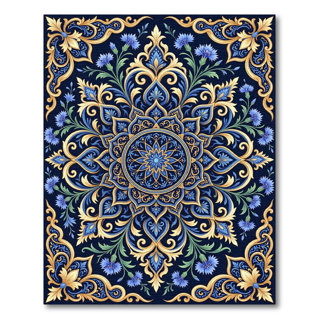 Royal Blue Golden Floral Mandala Rug