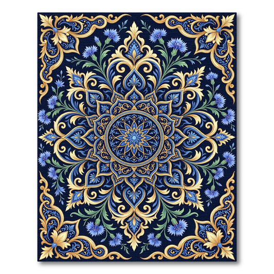 Royal Blue Golden Floral Mandala Rug