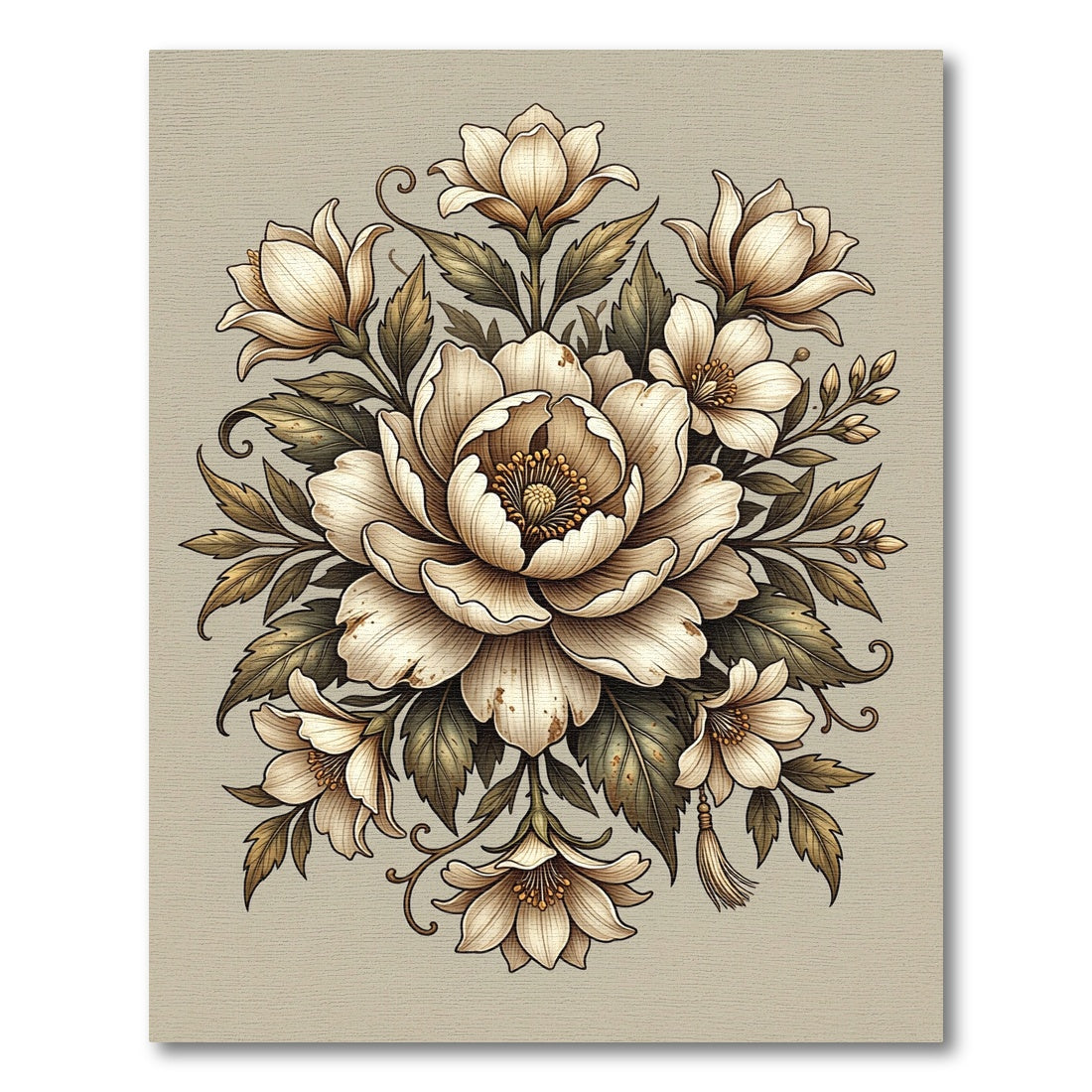 Vintage Cream Floral Botanical Illustration Rug