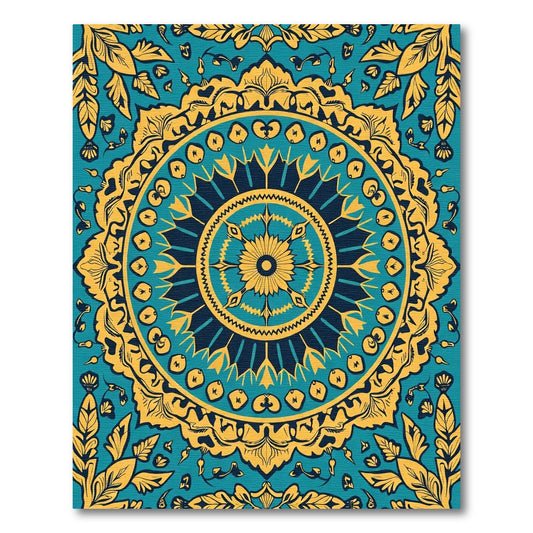 Teal Yellow Floral Mandala Rug