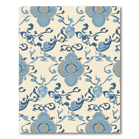 Blue Gold Floral Scrollwork Rug
