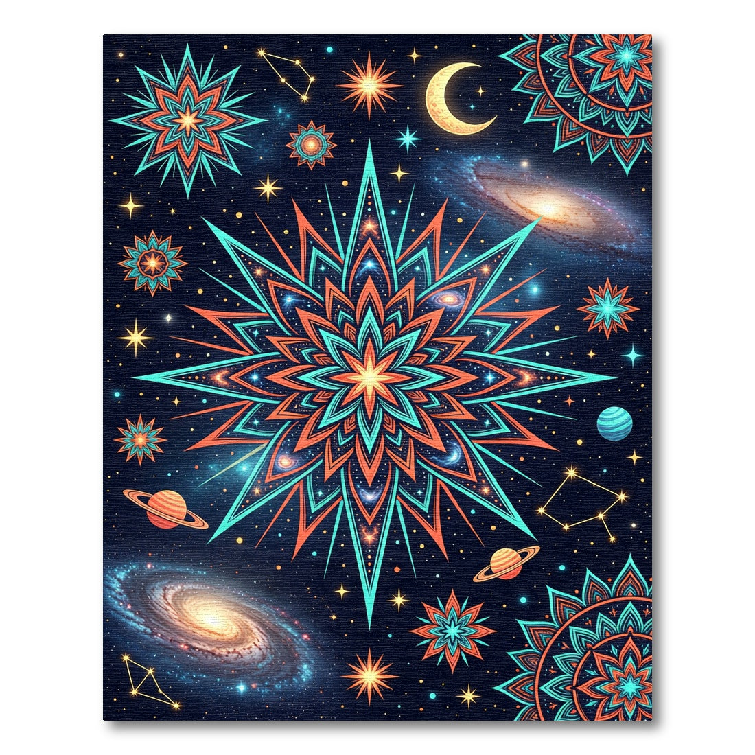 Cosmic Orange Teal Starburst Mandala Rug