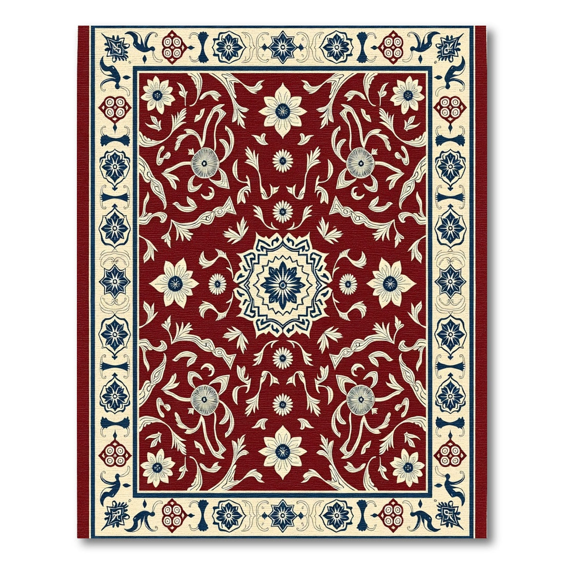 Crimson Blue Floral Medallion Border Rug