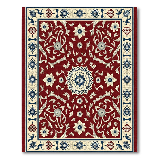 Crimson Blue Floral Medallion Border Rug