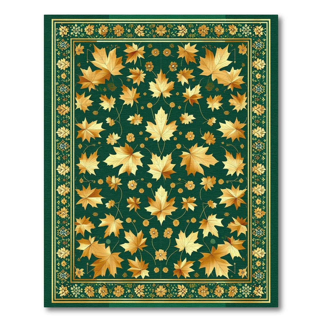 Ornate Golden Maple Leaves Green Rug