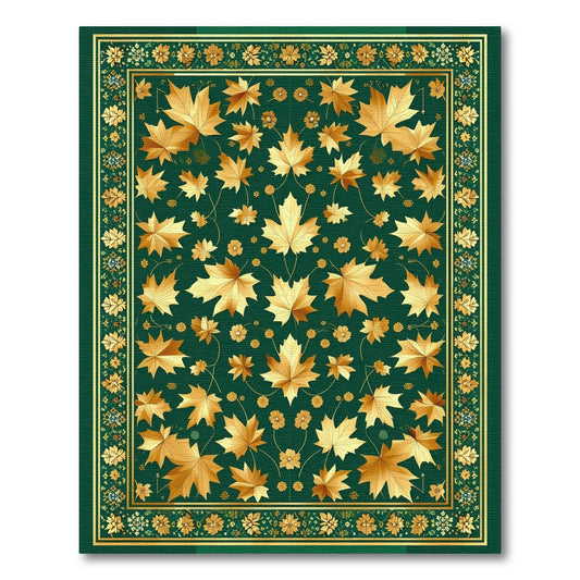 Ornate Golden Maple Leaves Green Rug