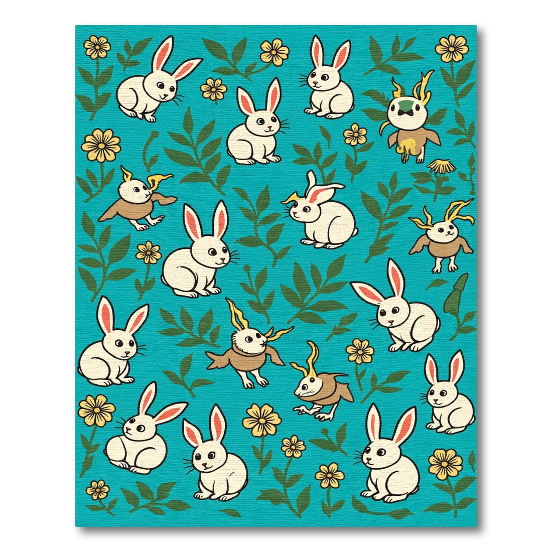 Whimsical White Bunnies Floral Collage Rug