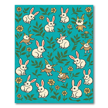 Whimsical White Bunnies Floral Collage Rug