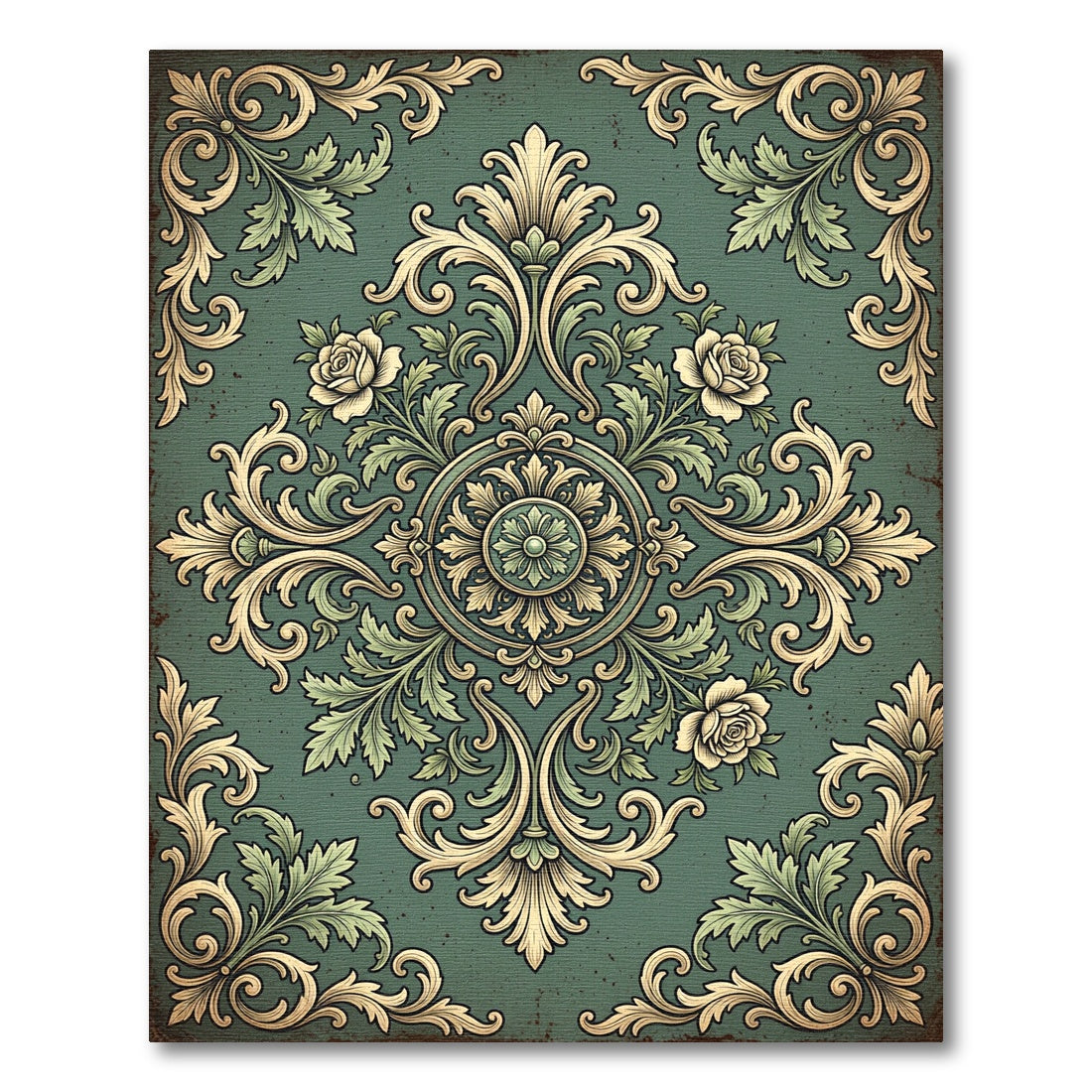 Sage Green Vintage Rose Damask Medallion Rug
